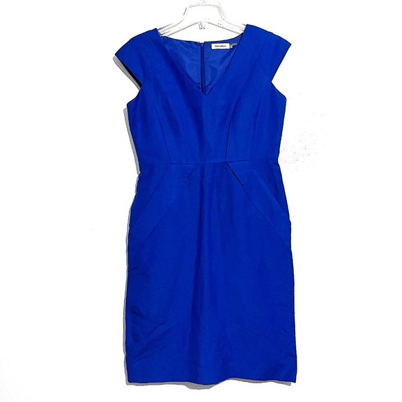 Classic Blue Linen-Blend Career Sheath Dress with Side Pockets - Picture 4 of 17